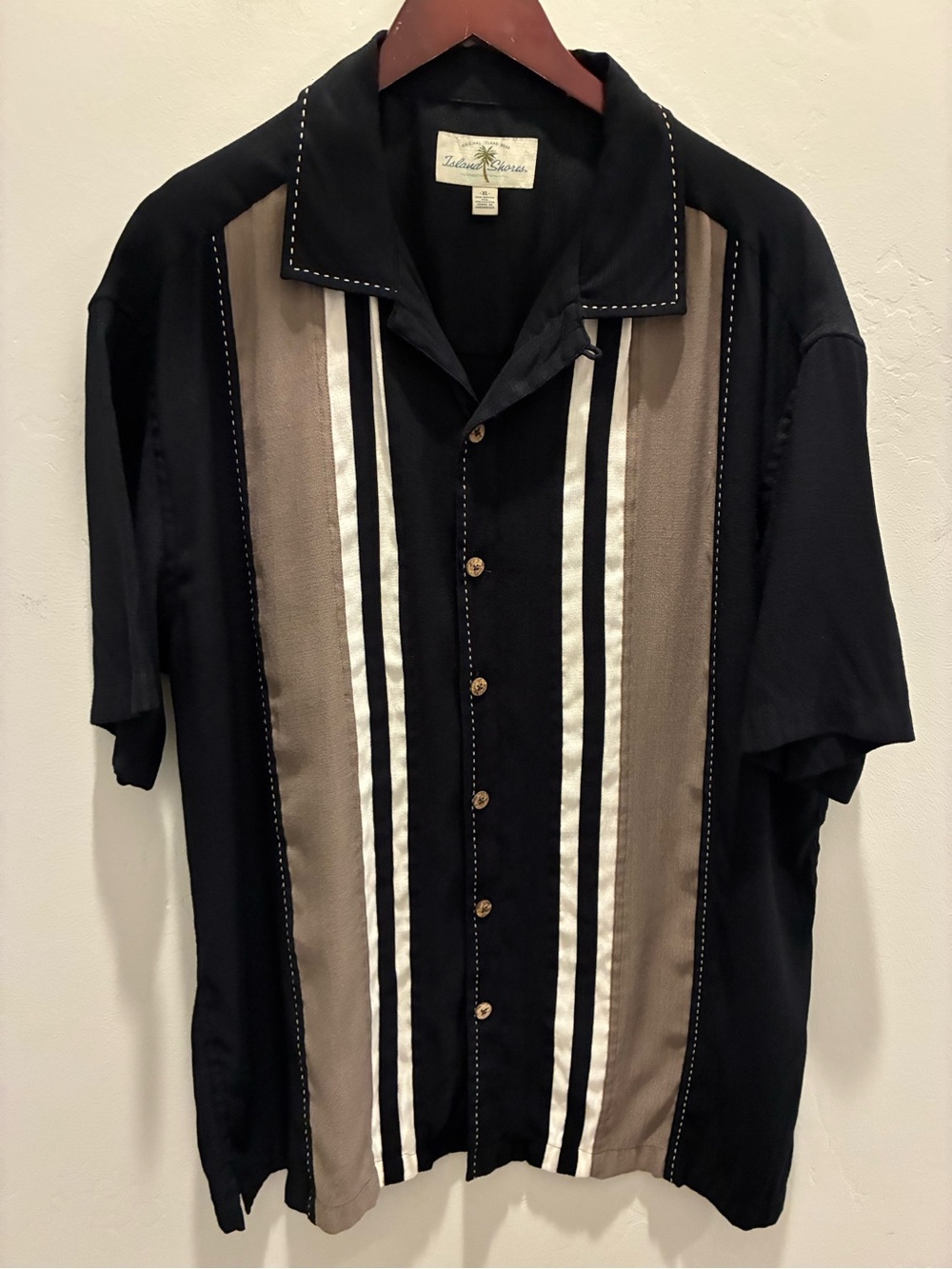 Valentino Marco Black & Taupe Vertical-Stripe Short Sleeve Button-Down Shirt